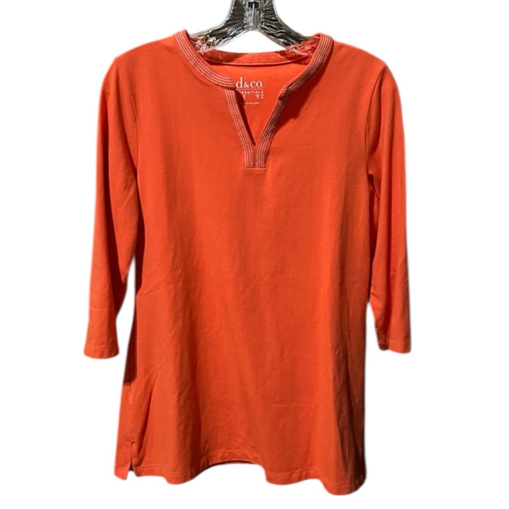 D&Co Orange V Neck 3/4 Sleeve Tee Shirt. White Detail Stitching At V & Neck